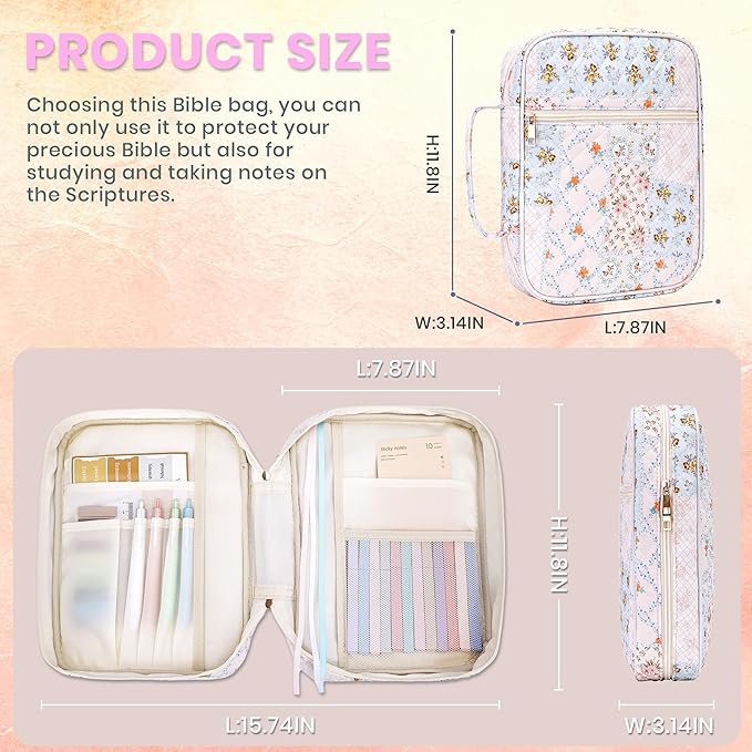 Large Bible Cover for Women, Durable Quilted Tote Bag with Handles, Bible Carry Case for Girls, Bible Study Supplies Accessories（Quilted）