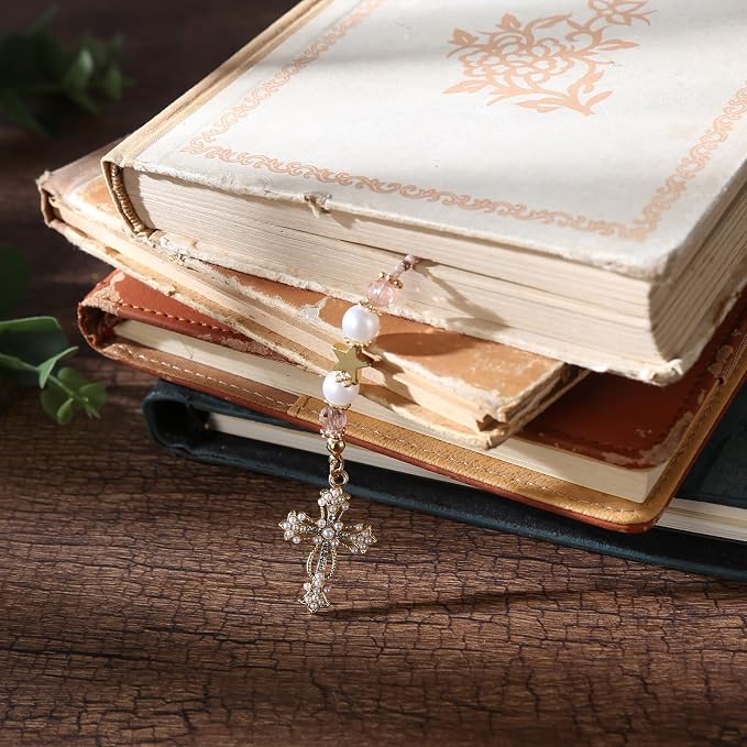 Vintage Pink Cross Beaded Bookmark - Butterfly Beads Book Mark for Women, Christian Religious Aesthetic Accessories Bookish Gifts for Booklovers Students Teachers