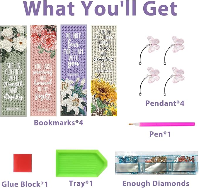 4 PCS Bible Diamond Painting Bookmarks, Flowers Diamond Art Bookmarks for Adults with Pendant, 5d Gem Art, Acrylic Bookmark Easy DIY Crafts for Books Decor Gift