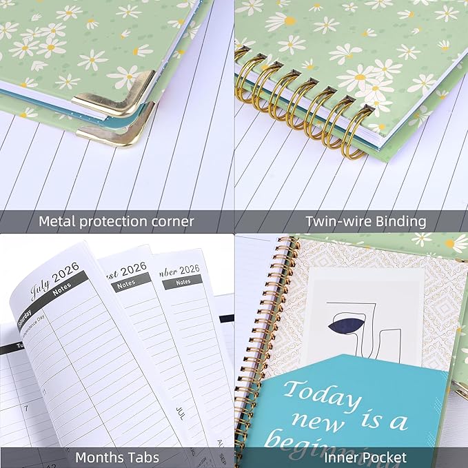 2026 Monthly Planner, Jan.2026 - Dec.2026 Weekly Monthly Planner 6.25"x8.5" with Page Tabs, Calendar Hardcover with Inner Pocket, Elastic Band, Twin-Wire Binding, Bookmark, Green Daisy