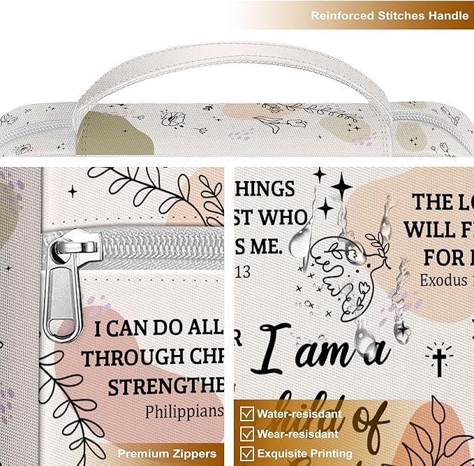 Inspirational Bible Cover for Women with Verses I Am a Child of God Canvas Case, Zippered Scripture Bag, Fits Standard Size Bible, Christian Gift for Girls Church Bible Study