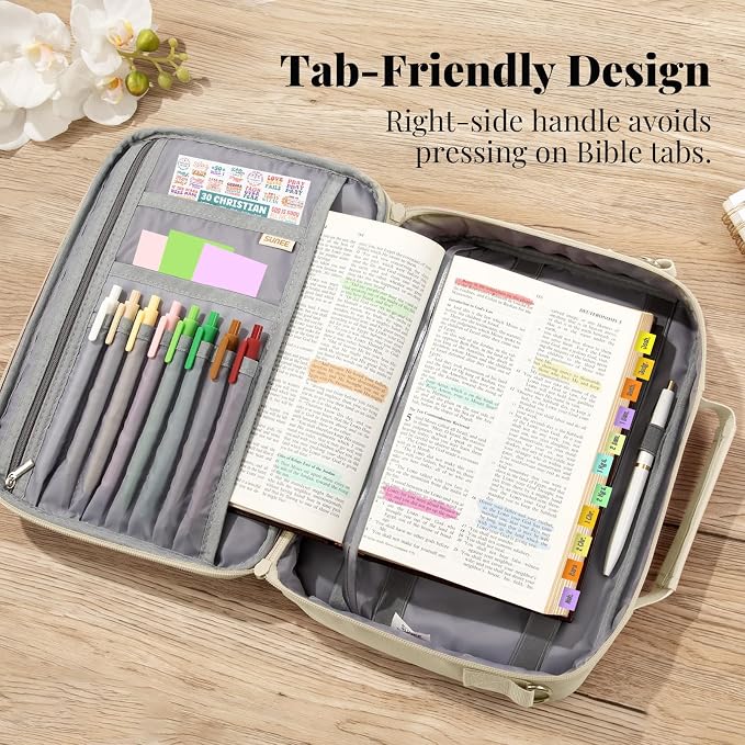 SUNEE Bible Cover for Women, Large Bible Bag w/Shoulder Strap Carrying Book Case w/Pen Slots and Zippered Pocket, Gift for Women & Men, Beige
