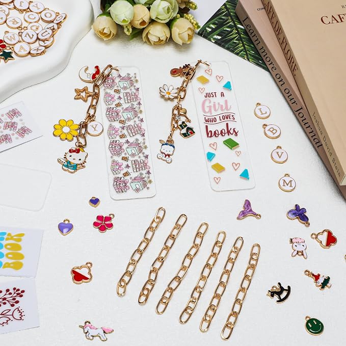 244 Pcs Bow Acrylic Bookmark Blanks(2mm) Thicken 15 DIY Bookmark Making 17 Bow UV DTF Sticker 76 Charms 15 Extender Chains and 130 Jump Ring Suitable for DIY Crafts Gifts