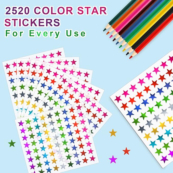 Star Metallic Stickers, 2520 PCS, 0.6" Foil Stars for Kids Reward & Behavior Chart, School & Classroom Supplies, DIY