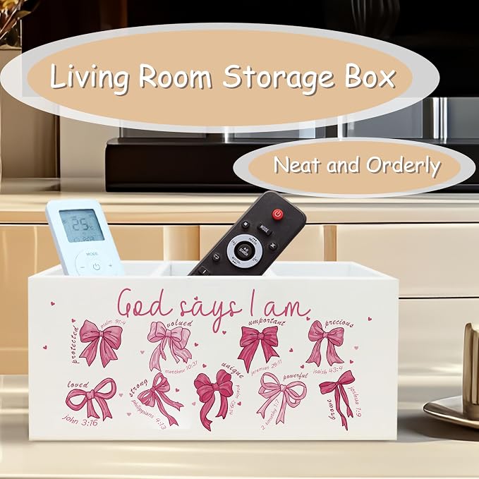 Inspirational Christian Pen Holder for Office Desk Decor, Pink Bow Bible Verse God Say I Am Wooden Pencil Holder Sign Organizer for Home Office Desk Accessories, Christian Gifts for Women Men