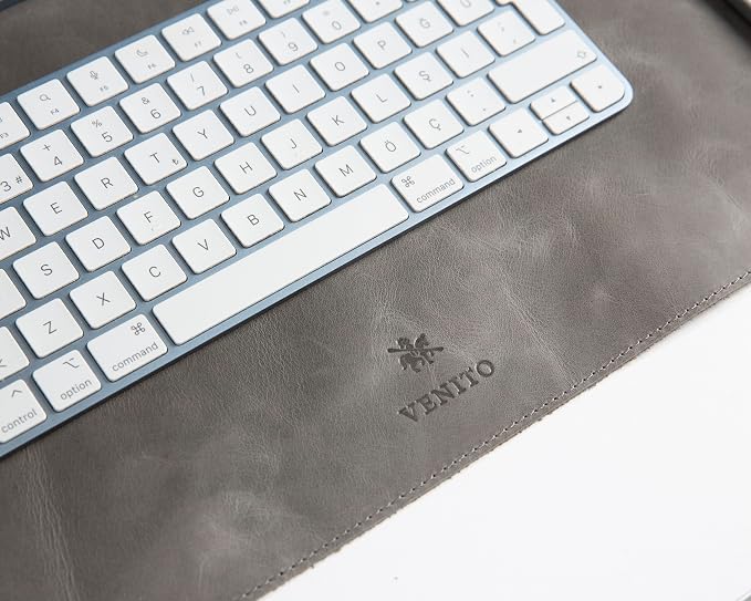 VENITO Leather 3-in-1 Desk Mat Set – Desk Mat (32"x16"), Organizer Tray & Cup Coaster – Full-Grain Leather Desk Pad for Office & Home – Elegant Workspace Accessories for Men & Women, Grey