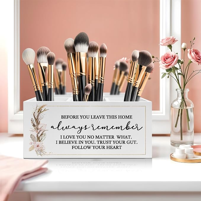 Before You Leave This Home Pen Pencil Holder, Inspirational Gifts for Women, Rustic Flower Motivational Pencil Pen Holder Organizer for Home Office Desk Accessories