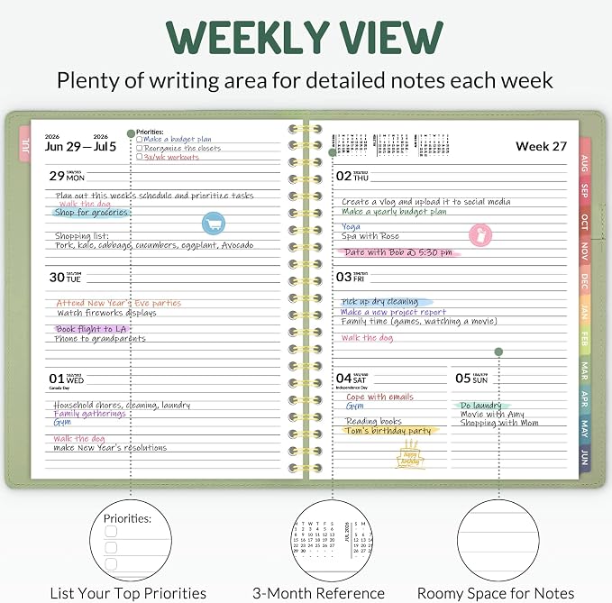 Forvencer Planner 2026-2027, Academic Planner Weekly & Monthly, Vegan Leather Cover Calendar Planner, July 2026 - June 2027, 6" x 8", Daily Agenda with Tabs, Student Teacher Planning Organizer