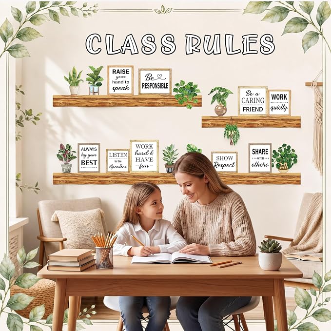 Qilery Class Rules Bulletin Board Decorations, Farmhouse Motivational Classroom Decor Set with Plant Wood Shelf Cutouts, Positive Behavior Quotes for Teacher Supplies, School Wall and Door Display