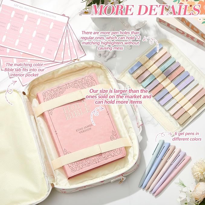 Sinload Quilted Bible Cover Case for Women 12 x 9 x 2.5 Inch Bible Chenille Letter Bag with Shoulder Strap Carrying Tabs 6 Colored Pens 12 Highlighters Christian Church Study Gifts(Pink,Bow Floral)