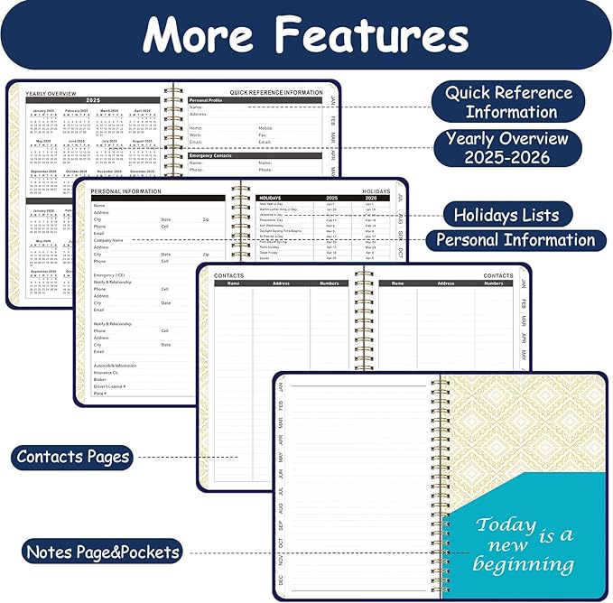 Daily Planner 2025-2026, Monthly and Weekly Calendar Planner with Tabs, July 2025 - Jun 2026, Inner Pocket, 6.2" x 8.5" A5 Size, Perfect for Office Home School Supplies, Spiral Bound, Navy ﻿ ﻿
