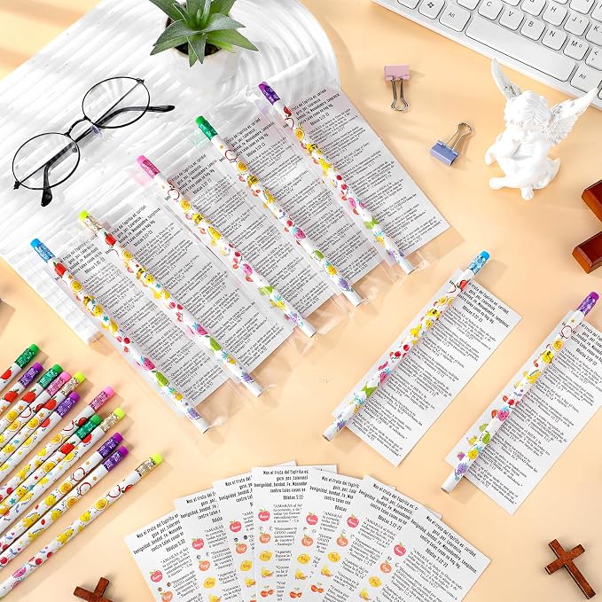 Dunzoom 36 Set Fruits of The Spirit Gift Fruit Scented Pencil with Eraser Christian Bookmark Religious Sunday School Prize Christian VBS Gifts for Church Gift Exchange (Spanish)