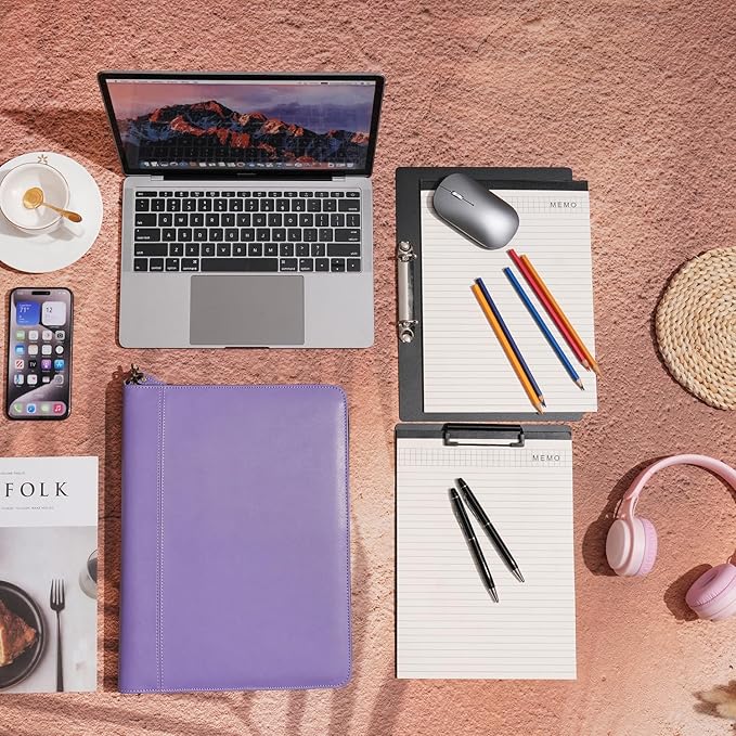 Wason A4 Portfolio with Zipper - Leather PU Padfolio with Detachable Ring Binder and Writing Notepad Holder, Conference File Multi-Pockets Organizer for Office Travel School (Purple)
