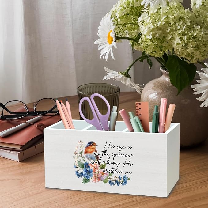 DILSJ Christian Bird Pen Pencil Holder Organizer for Desk, Christian Gifts for Women, His Eye Is on the Sparrow Bible Verse Bird Wooden Box Signs for Home Office Desk Tabletop Decoration
