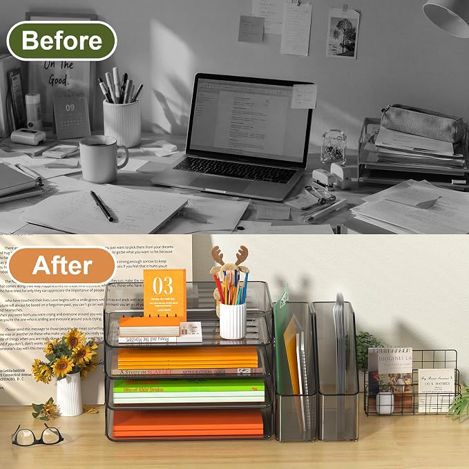 FANXIYQ 4-Tier Brown Acrylic Paper Tray Organizer with Bookends, Large Clear Stackable Letter Tray Organizer for Desk, Acrylic File Organizer & Office Paper Storage, 12.6" Wide Desktop Organizer