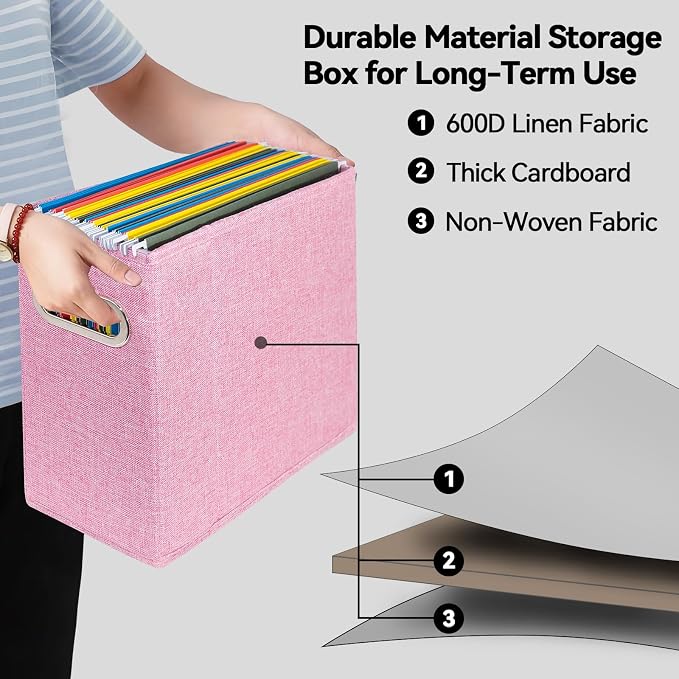 4 Pack Letter Size File Storage Box Collapsible，Fabric Hanging File Folders Organizer, Portable Office Document Holder with Metal Handle, Smooth PVC Rails, Pink