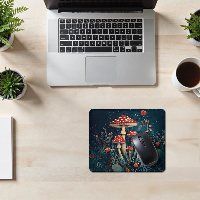 Dark Moody Floral Mushroom Mouse Pad, Gifts for Mushroom Lovers, Dark Cottagecore Deep Teal Forest Moss Botanical Mouse Pad for Home Office Computer Gaming Desk Essentials, 9.5x7.9 Inch