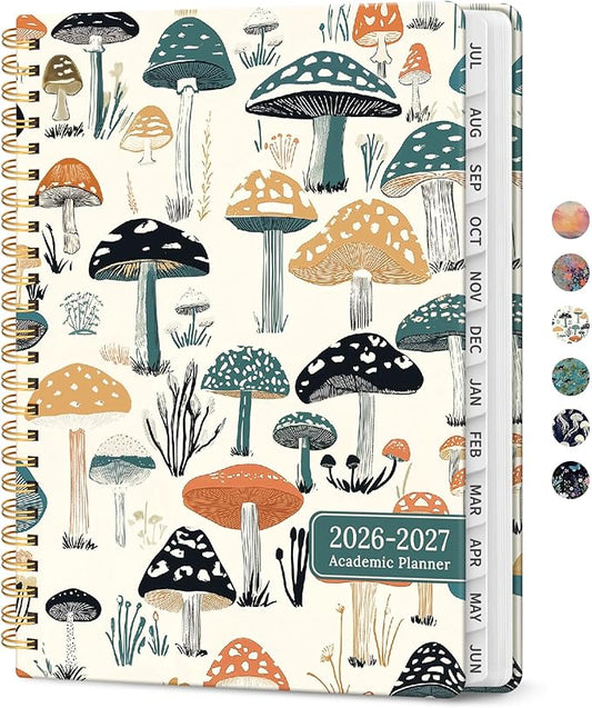 Planner 2026-2027, Academic Year Monthly and Weekly Calendar Planner, Jul 2026 - Jun 2027, Hardcover Teacher Student Planning Agenda book with Tabs, Perfect for School Office Supplies, 6.3" x 8.5" - Mushrooms Grove