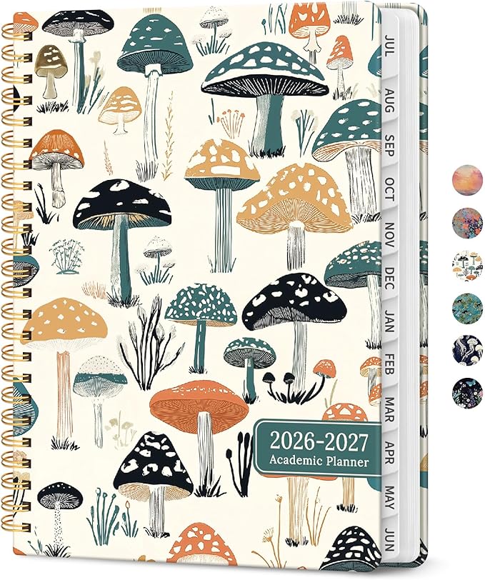 Planner 2026-2027, Academic Year Weekly and Monthly Calender Planner, from Jul 2026 - Jun 2027, Spiral Bound School Planning Book, Perfect for Teacher, Student, Women & Men, A4 (8.5" x 11"), Mushrooms Grove