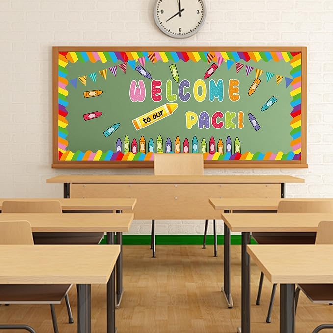 79Pcs Welcome Back to School Bulletin Board Classroom Decorations,Welcome to Our Pack Crayon Classroom Cutouts Wall Door Decor Chalkboard Sign for First Day of School Party