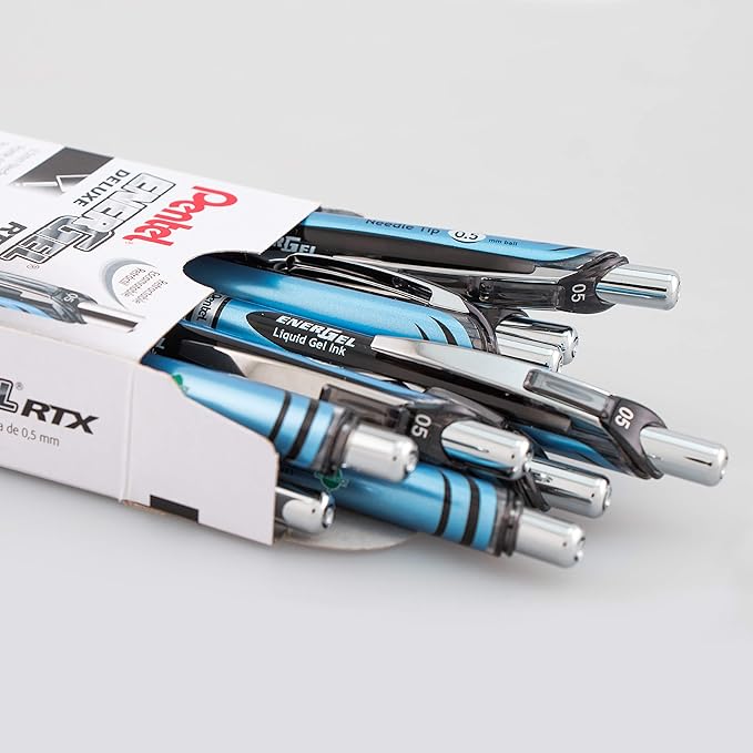 Pentel® EnerGel™ Deluxe RTX Retractable Liquid Gel Pens, Fine Point, 0.5 mm, 54% Recycled, Blue Barrel, Black Ink, Pack Of 12 Pens