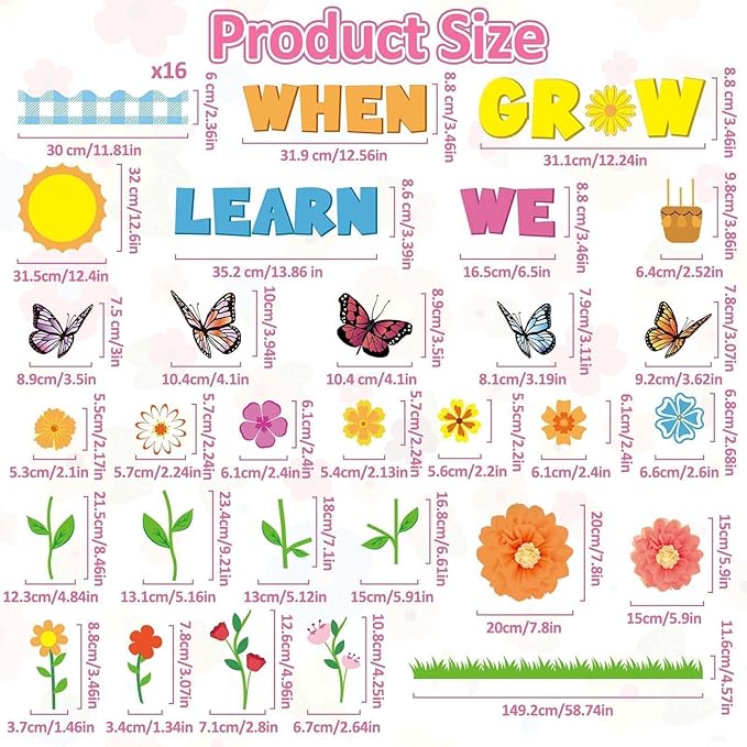 Spring Bulletin Board Decorations Flowers Themed Bulletin Board Set When We Learn We Grow Bulletin Board with 3D Paper Flower Cutouts for Back to School Classroom Wall Decor