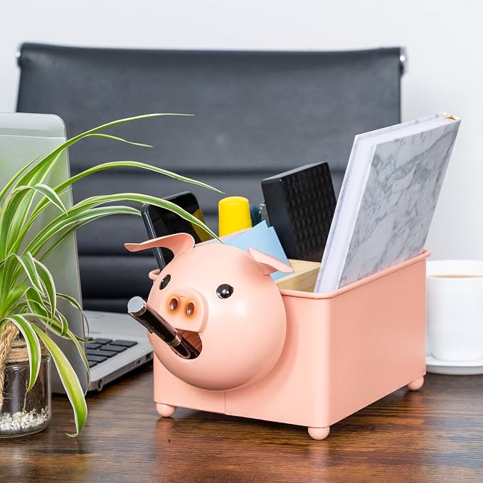 Made Easy Kit Desk Organizer, 1-5 Module Compartments - Storage for Stationery Supplies, Accessories, brushes - Home, Office, School, Dorm, Studio - Build in Pen & Pencil Holder (Pink Pig)