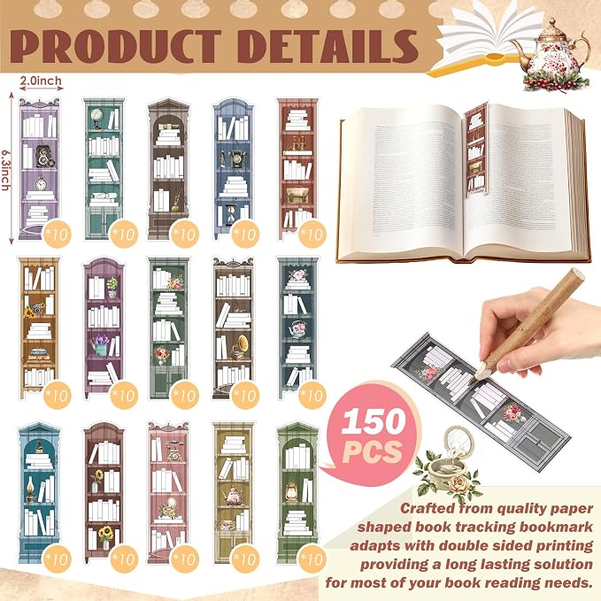 Kolldenn 150 Pcs Book Tracker Bookmarks Bulk 6.3 x 1.97 Inch Bookshelf Love to Read Bookmarks Paper Tracking Double Sided Reading Page Markers for Back to School Reading Lover(Vintage)