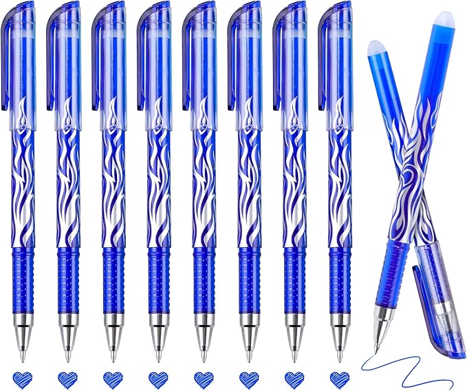 RIANCY 8 Pack Blue Ink Erasable Gel Pens, 0.5mm Fine Point, Flame Patterned Barrel, Comfortable Grip, with Eraser, Ideal for Journaling, School Work, Office Tasks, Note Taking, DIY Projects
