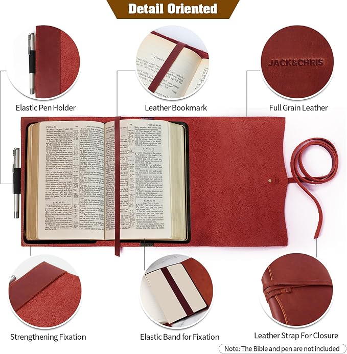 Jack&Chris Leather Bible Cover, Leather Book Cover for Men and Women, Bible Holder Strap Bible Cover Gifts, JC61-12L