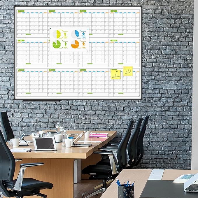 JILoffice Magnetic Dry Erase Calendar Whiteboard, 12 Months White Board Planner 48 X 36 Inch, Black Aluminum Frame Wall Mounted Board for Office Home and School