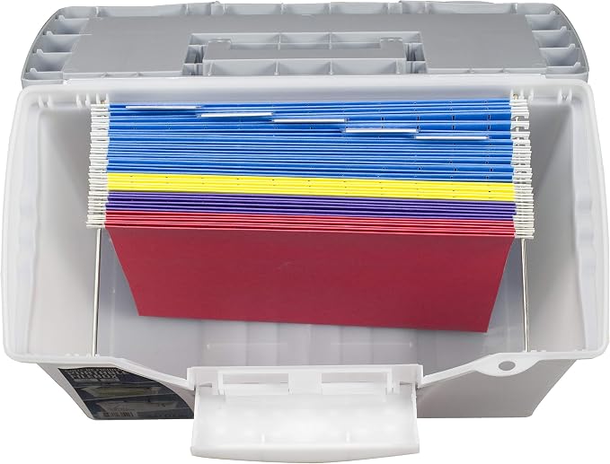 Storex Portable File Box with Organizer Lid, 17.13 x 9.63 x 11 Inches, Frosted/Silver (STX61511U01C)