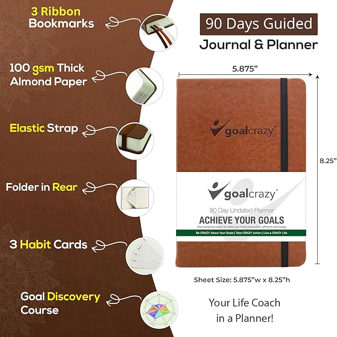 Undated Daily Planner to Achieve Your Goals - 90 Day Guided Journal & Productivity Organizer with Goal Setting, Habit Tracker, To Do List, Academic & Work Calendar, Leather Hardcover - Brown