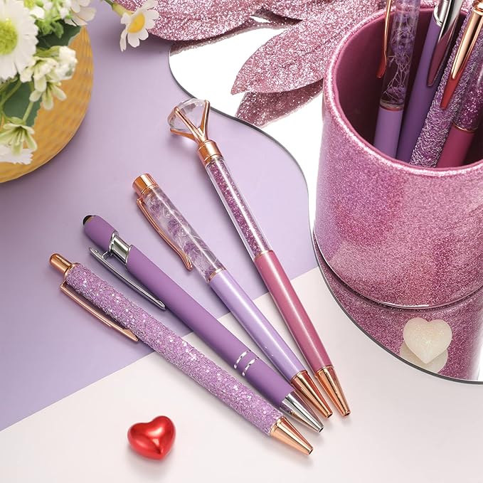 Sabary 8 Pcs Violet Pens with Pen Holder for Desk Glitter Crystal Diamond Cute Ballpoint Fancy Pencil Holder Bling Desk Organizer for Women Girls School Office Supplies Wedding Graduation Gifts