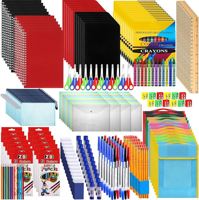 Qilery 12 Sets School Supplies Kit Back to School Essentials Bulk Includes Book Pouch Bags Notebooks Pencils Rulers Scissors Eraser and More for Students Teachers School Classroom Charity