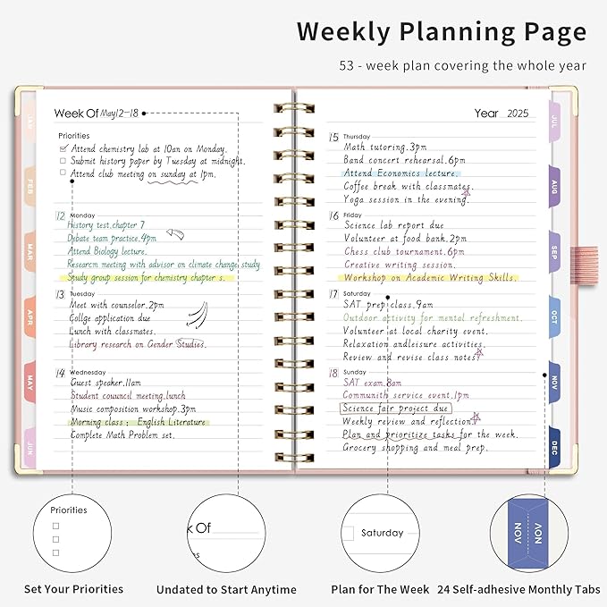 RETTACY Undated Planner, Weekly and Monthly, 53 Weeks and 12 Months, Medium Size (5.7" x 8.3"), 24 Self-adhesive Monthly Tabs, Hardcover, 100 GSM Thick Paper, Spiral-bound (Pink)