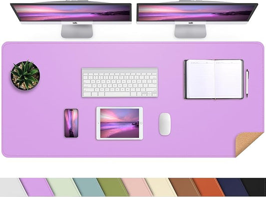 AFIING Leather Desk Pad Protector, Large Desk Mat with Natural Cork & PU Leather, Mouse Pad, Non-Slip, Waterproof Desk Writing Pad for Office and Home, Purple