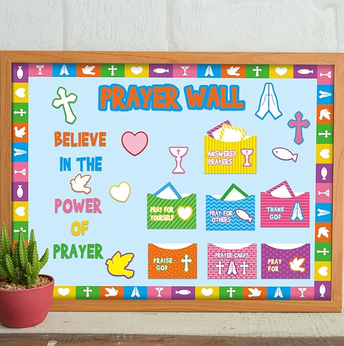 Geelin 184 Pcs Prayer Wall Bulletin Board Set Cork Board Religious Decor Rainbow Christian Bulletin Board Sets Sunday School Decorations for Classroom School Church Home Blackboard Chalkboard Wall