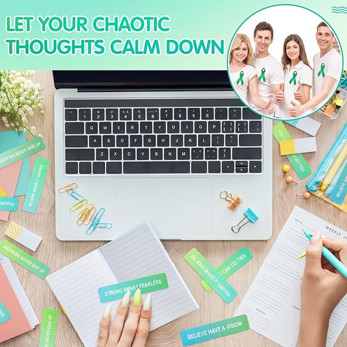 Sabary 60 Pcs Mental Health Awareness Anxiety Sensory Stickers Bulk Sensory Strips Anxiety Calm Textured Strip Stickers with Inspirational Quotes Different Styles for Adults Relief (Gradient,Green)