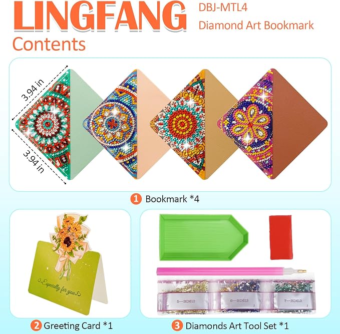 4 Pcs Diamond Painting Bookmark, DIY Corner Book Makers for Adults Book Lovers, Diamond Dot Art Beginner, Small Diamond Art Kits, Paint by Art Crafts Gift for Women Girls (Mandala 4)