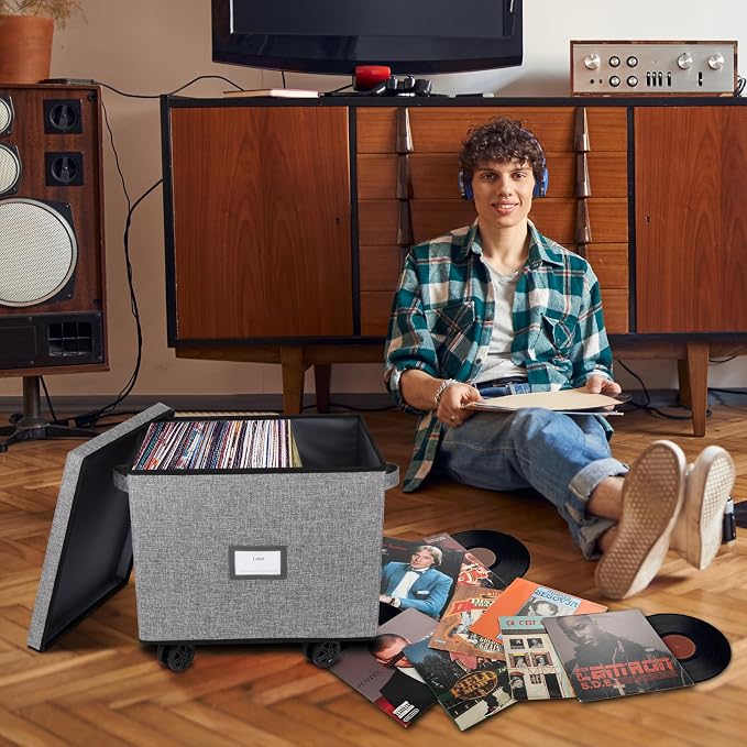 Lukeline Rolling Vinyl Record Storage Box, LP Record Storage Holds up 100 Single Records, Decorative Moving Box for Records, Vinyl Storage Organizer with Tow Rope and Double Handle