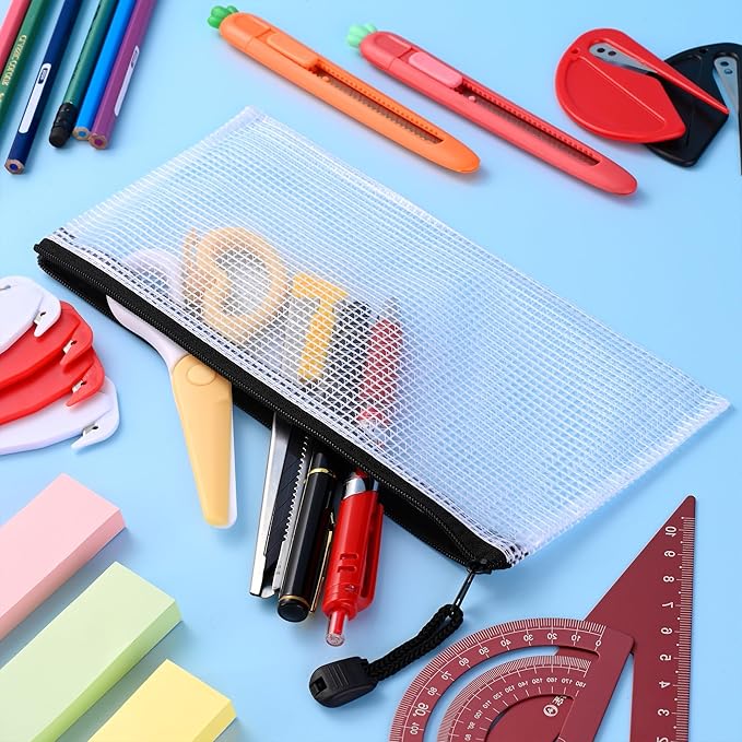 12 Pieces Clear Plastic Mesh Zip Pouch - Document Holder, Pencil Case, Waterproof Storage for Office Supplies, Bills, and Files.Black Zipper.