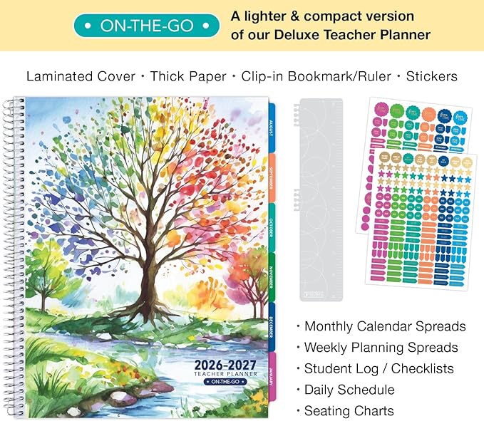 LITE TEACHER PLANNER - Aug 2026-Jul 2027, 8.5" x 11" Daily Weekly Monthly Organizers - Includes 7 Periods, Dated Calendar, Page Tabs, Bookmark, and Planning Stickers (Tree Seasons)