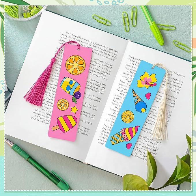 AmazingSpark 100 Pcs Ice Cream Wood Bookmarks Bulk DIY Crafts Kit, 50 Set Summer Blank Coloring Bookmarks with Tassel for Classroom Reward Gifts, End of Year Gifts, Summer Birthday Party Favor