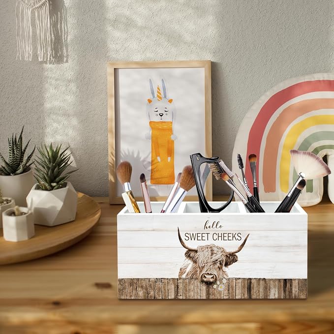 Rustic Highland Cow Bathroom Toothbrush Holder, Highland Cow Gifts Pen Pencil Organizer, Hello Sweet Cheeks Funny Animal Wooden Box Sign Decor for Home Bathroom Washroom Decoration