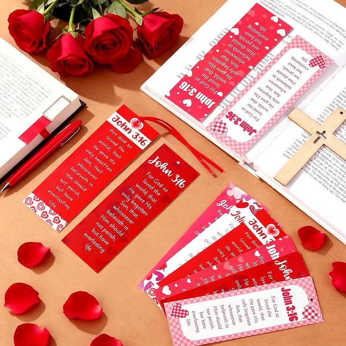 Skyygemm 60 Pcs Valentine's Day John 3: 16 Bookmarks Religious Bible Verse Bookmark Red Heart Valentines Day Exchange Gifts for Valentine's Party