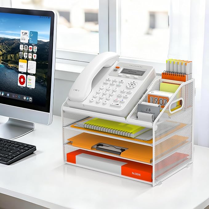 DocNest 4 Tier Metal Mesh Letter Tray - Space Saving Desk File Organizer with Handle, Pen Holder & Folder Holder - Desktop Document Sorter for Office, Home, School, Classroom - White