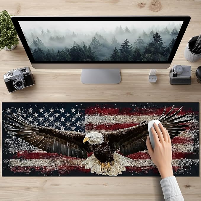 HOMETITUTE XL Mouse Pad 31.5 x 11.8 Inch Bald Eagle American Flag Desk Mat Large Extended Keyboard Mat Computer Desk Pad Non Slip Waterproof Mouse Pads Gaming Office Accessories
