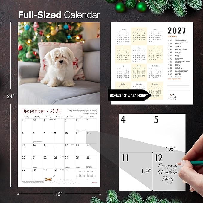 MICASA PRESS Maltese 2026 Wall Calendar 12 Month | 12" x 24" Open | Thick & Sturdy Paper | Giftable | Cute Puppy Dog Calendar 2026