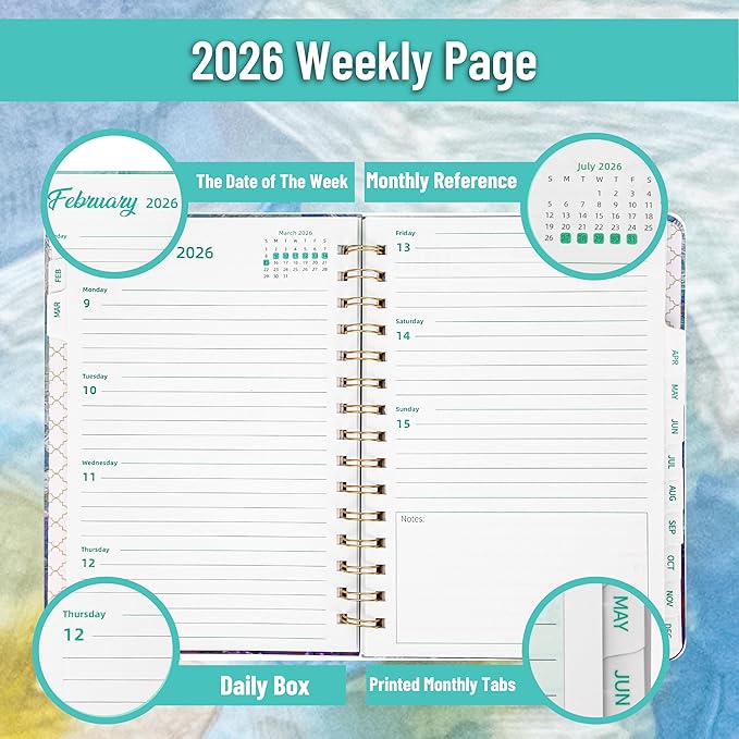 2026 Planner, Weekly and Monthly Calendar Planner for Women, Jan 2026 - Dec 2026, Hardcover Planning Agenda book, Spiral Bound, Inner Pocket, 6.3" x 8.5"